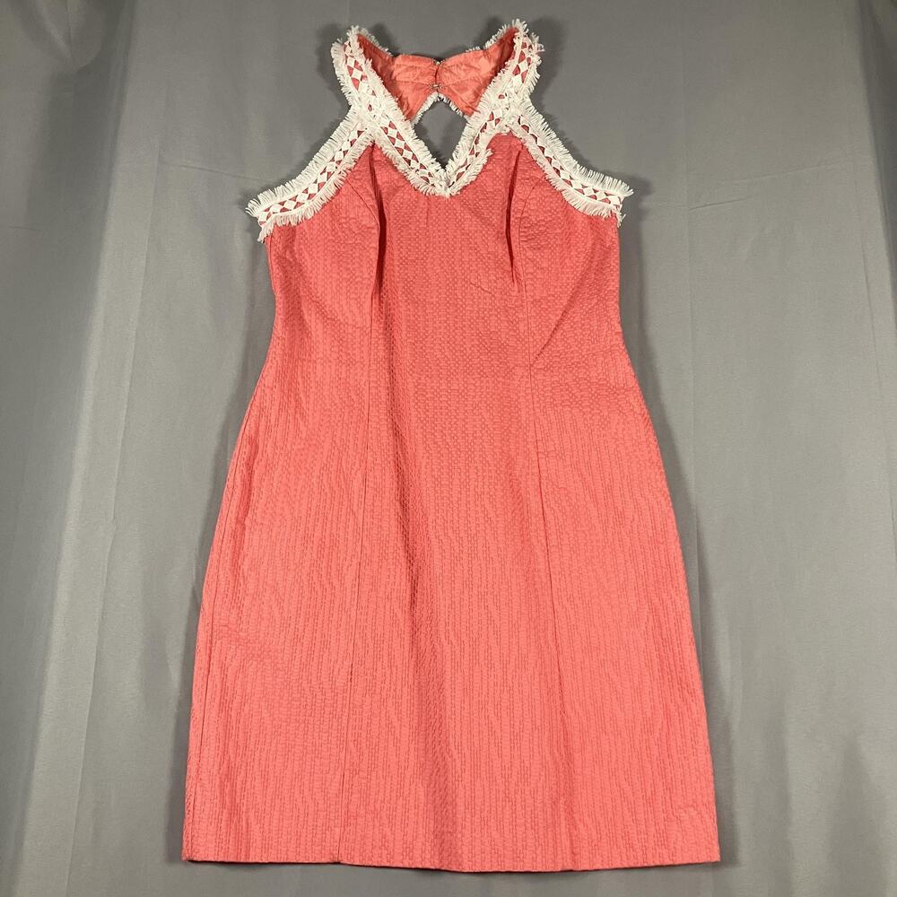 Just Taylor Dress Womens 4 Coral Halter Crochet Fringe Trim Lined Style